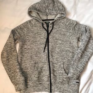 Roots off white/black textured knit zip front hoodie w kangaroo pocket EUC